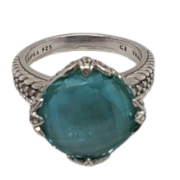 Judith Ripka Sterling Silver Cubic Zirconia & Teal Stone Ring Size 11 #20834 - Picture 1 of 9
